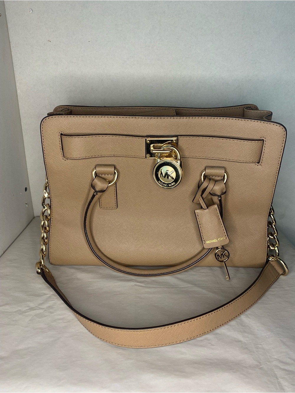 Michael Kors Hamilton Beige Saffiano Leather Satchel with Gold Hardware